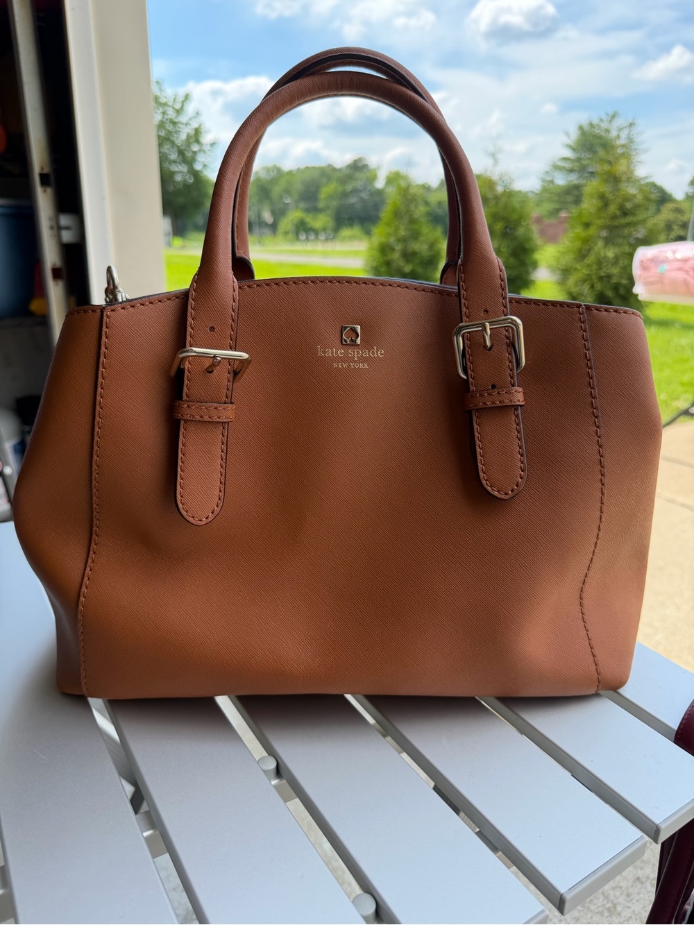 kate spade tan leather satchel with top handles